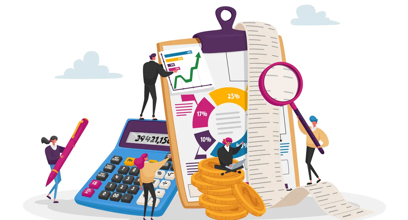 Personnages autour d'une calculatrice